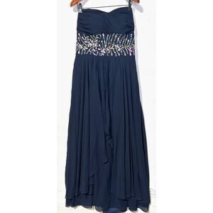 HEBEOS Women's Strapless Empire Waist Navy Chiffon Embellished Gown | NWT